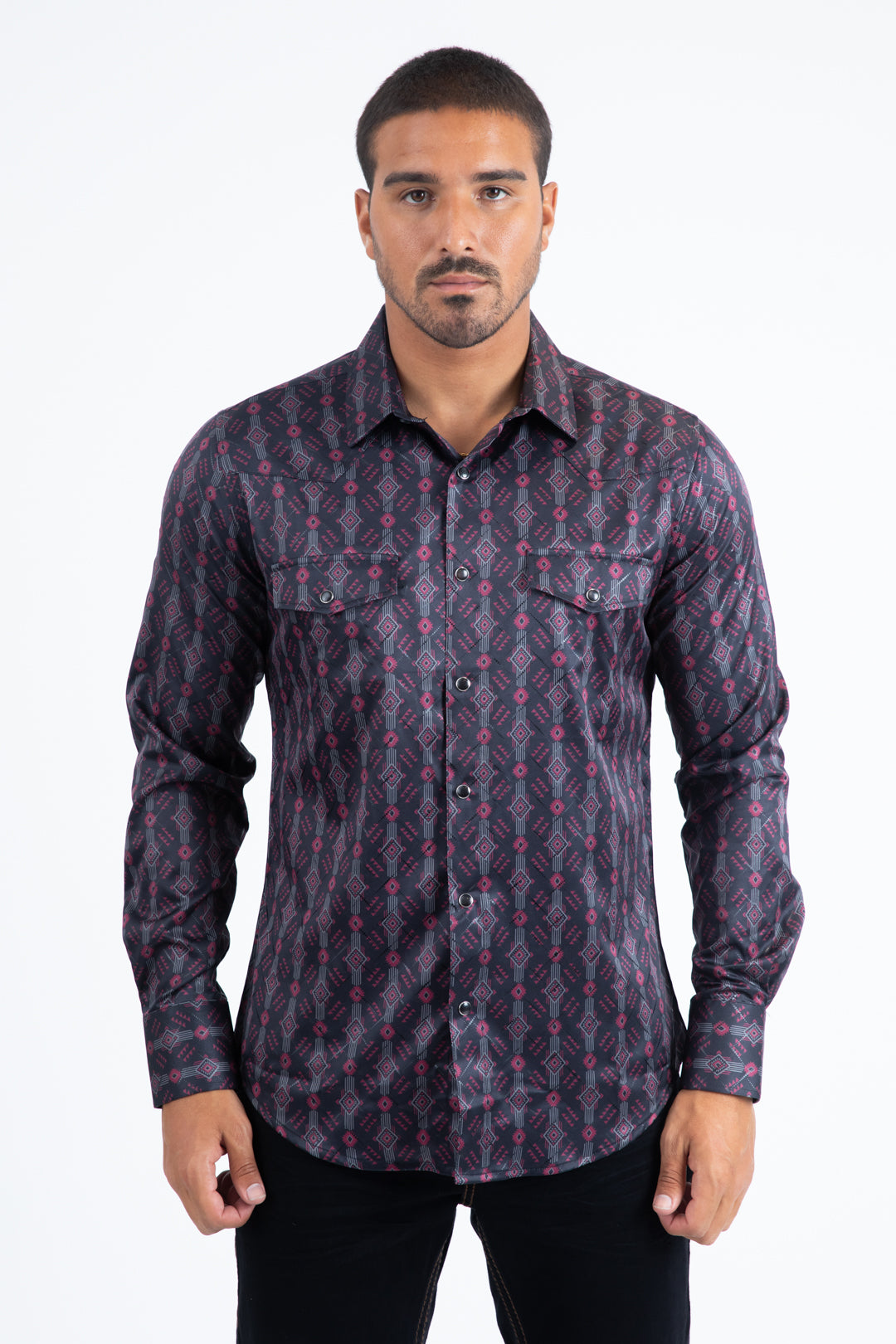 black modern ethnic pattern western shirt men platini front