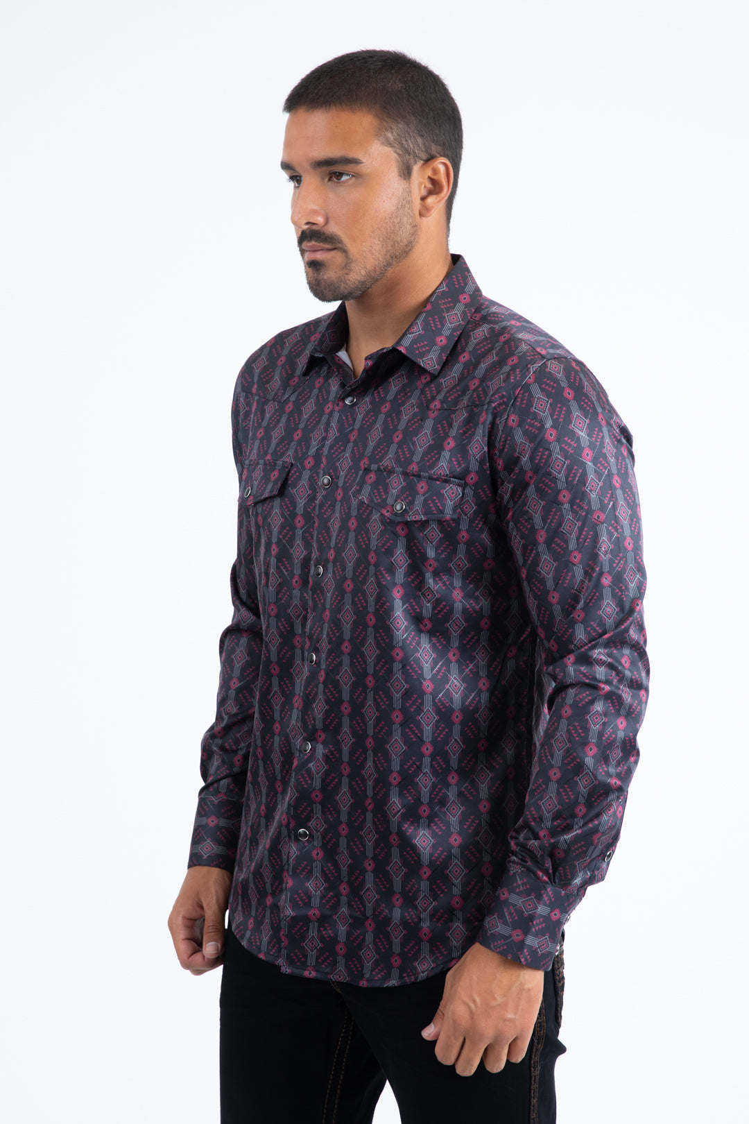 black modern ethnic pattern western shirt men platini side