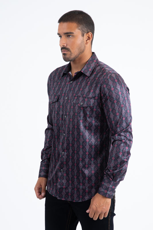 black modern ethnic pattern western shirt men platini side