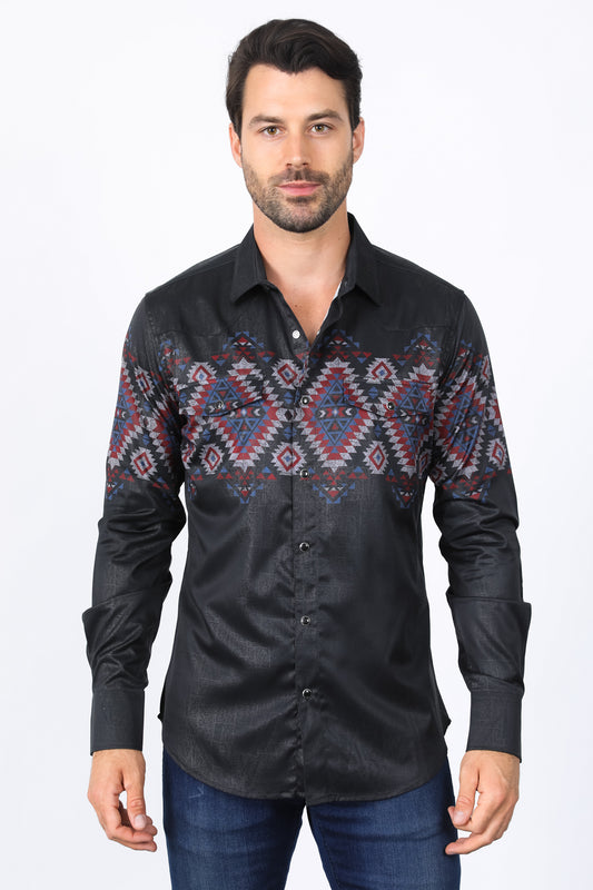 Mens Modern Fit Panoramic Foil Print Shirt - Black