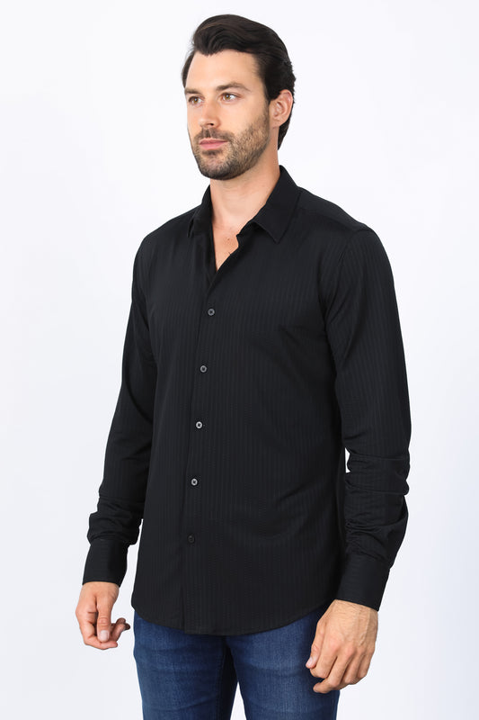 black modern fit stretch dress shirt platini side