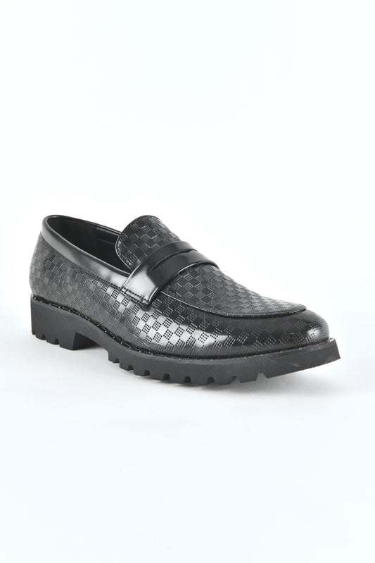 Black leather penny loafers for men side