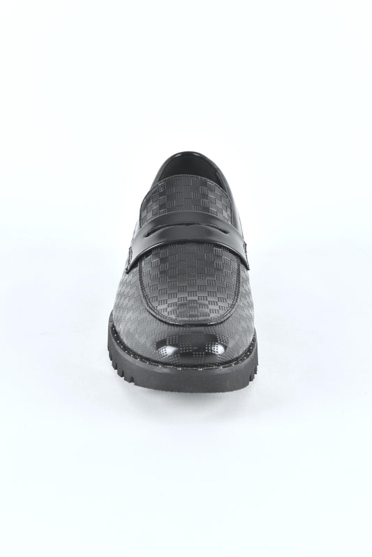 Black leather penny loafers for men front