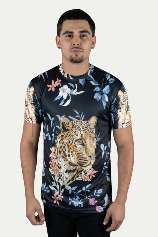 black rhinestone tropical floral tee front platini