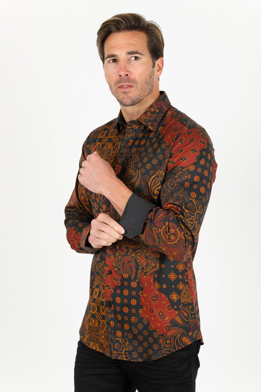 rust ornamental panel print shirt men platini back
