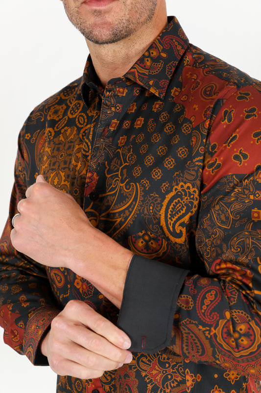 rust ornamental panel print shirt men platini close-up