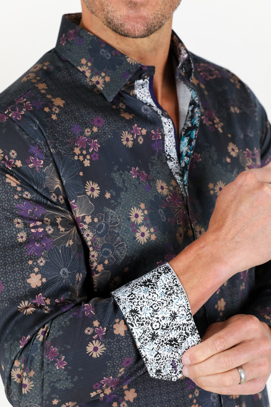 black abstract art print shirt men platini close-up