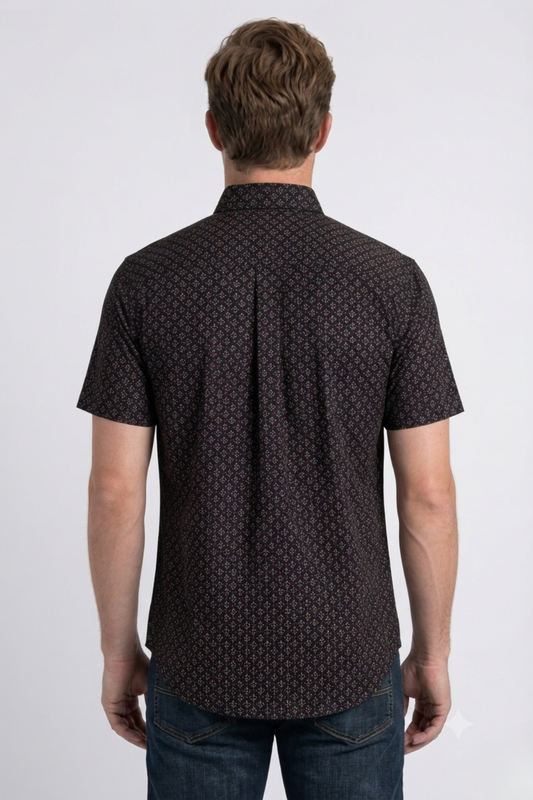 black stylized floral print performance shirt men platini side
