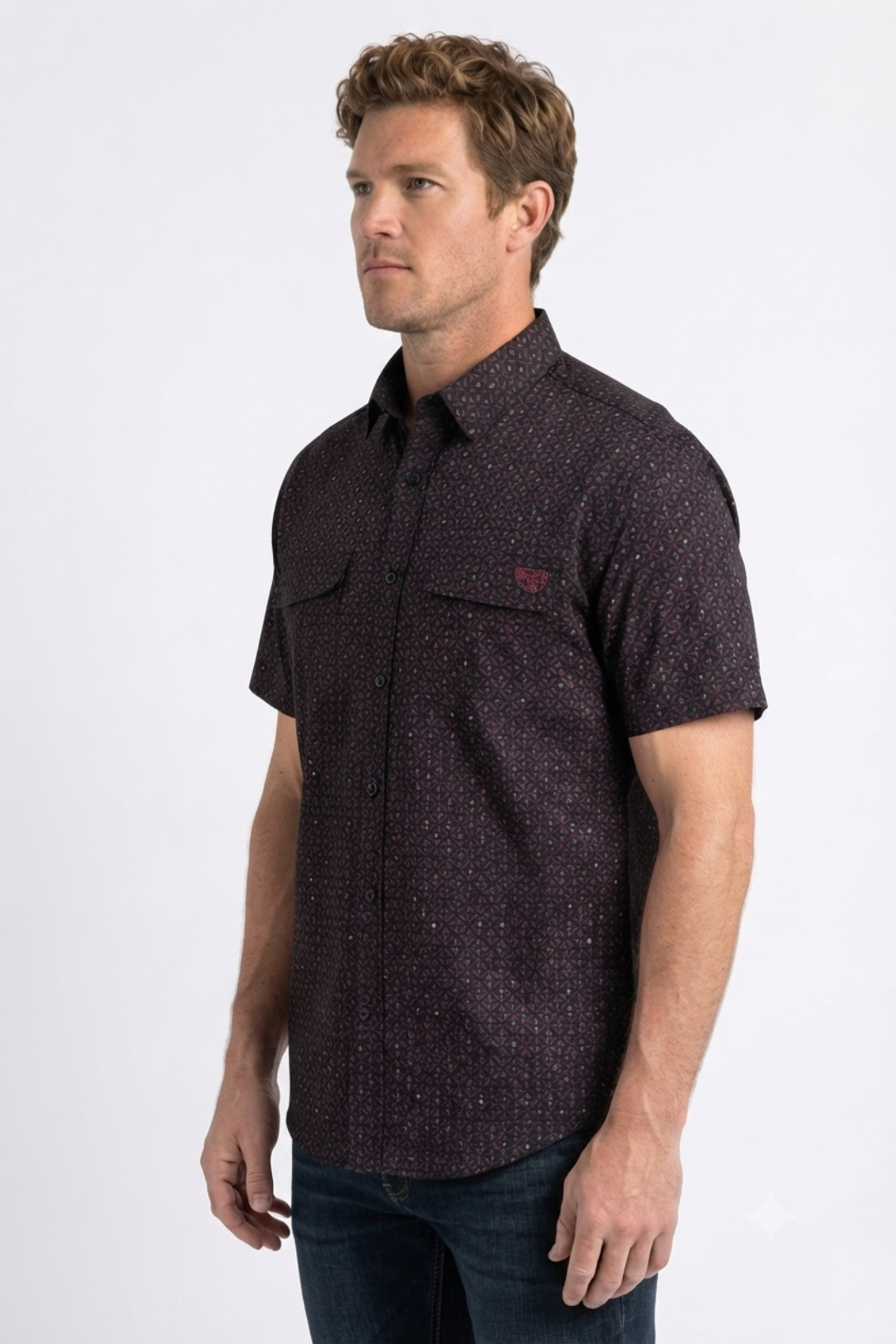 black stylized floral print performance shirt men platini back