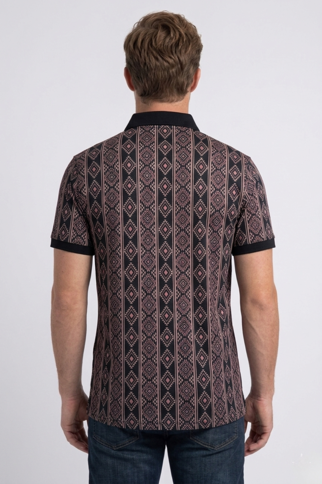 black vertical geo diamond print polo men platini back