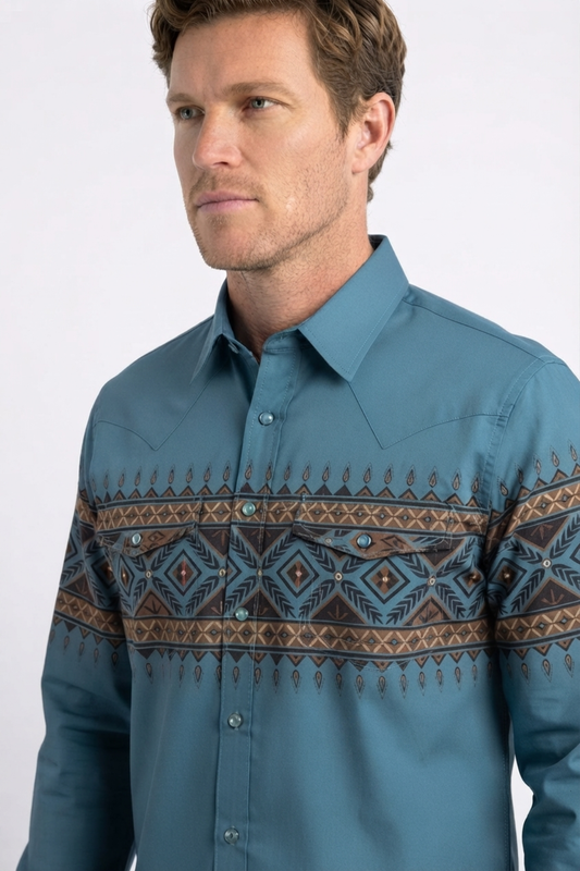 blue aztec band western shirt men platini close-up