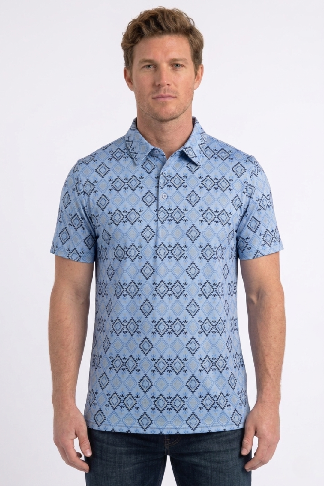 blue aztec geometric performance polo men platini front