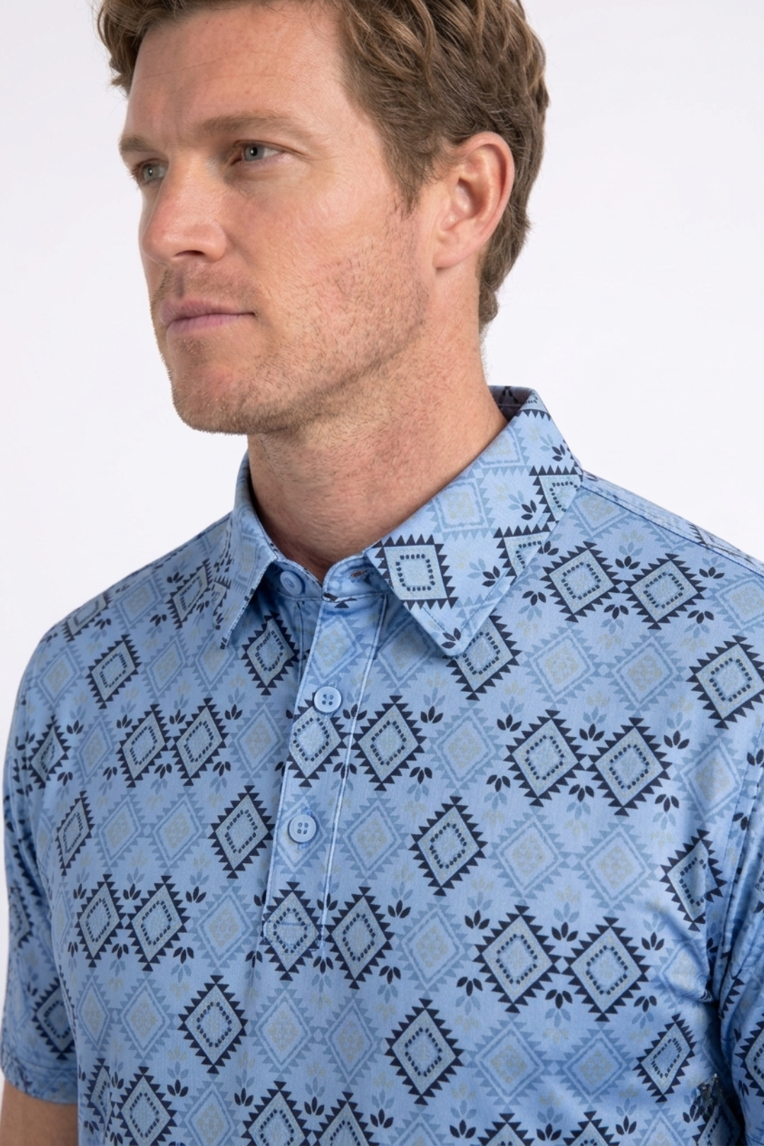 blue aztec geometric performance polo men platini side