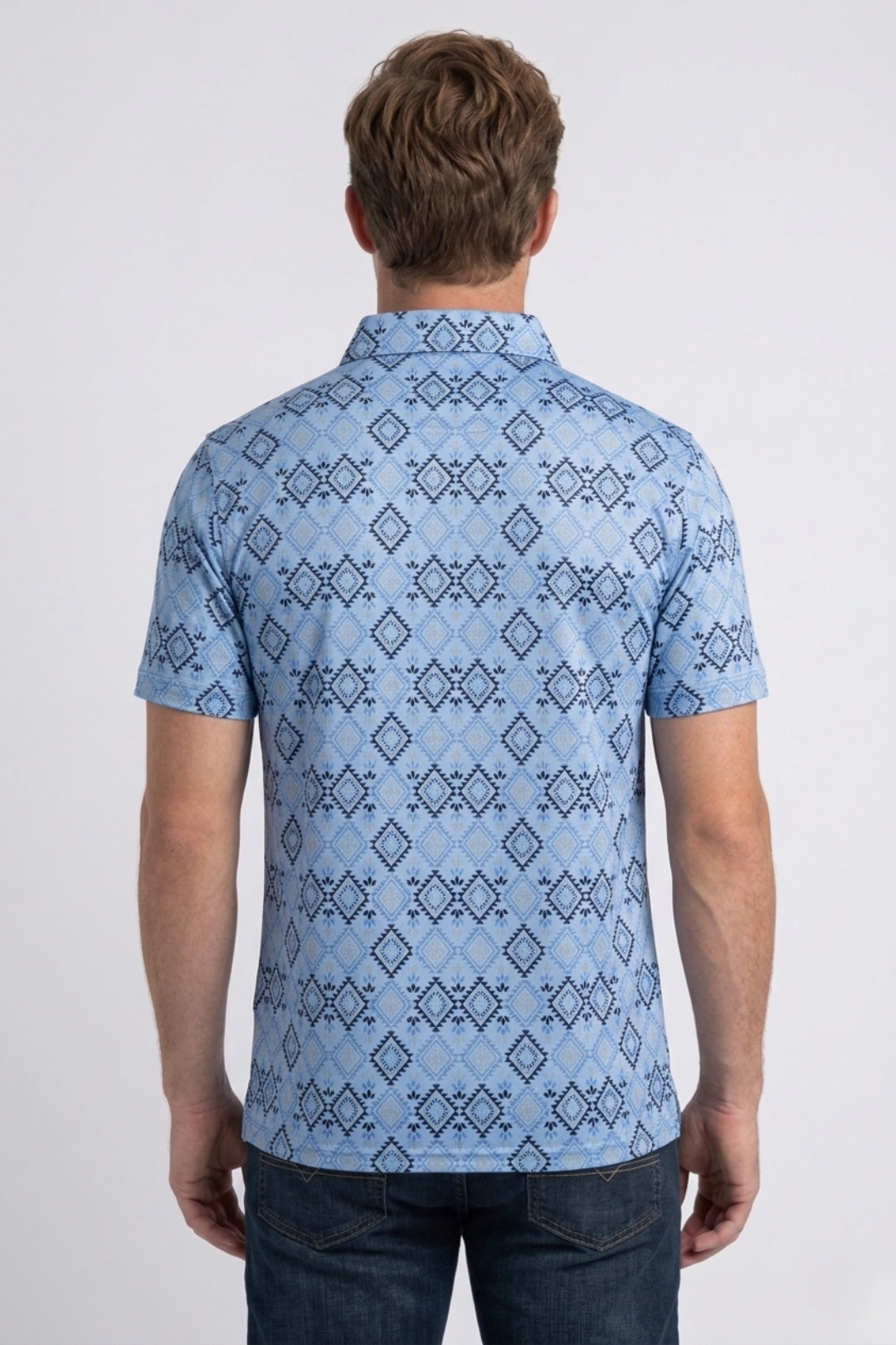 blue aztec geometric performance polo men platini back