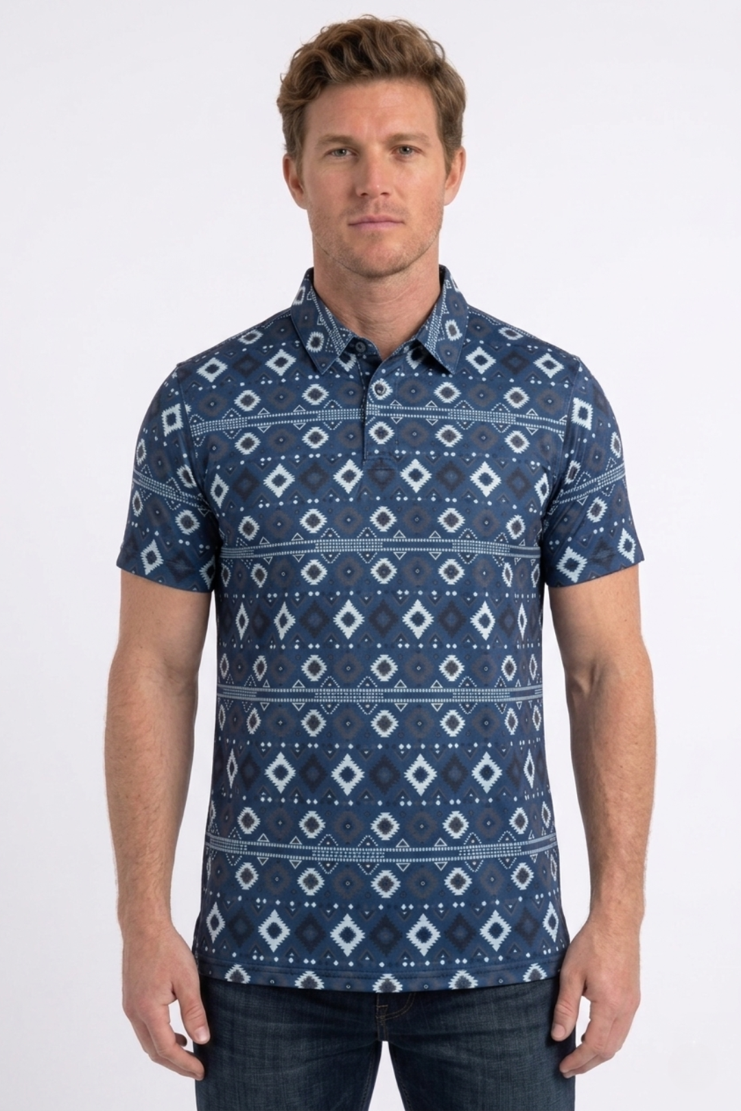 blue aztec geometric performance polo ii men platini front