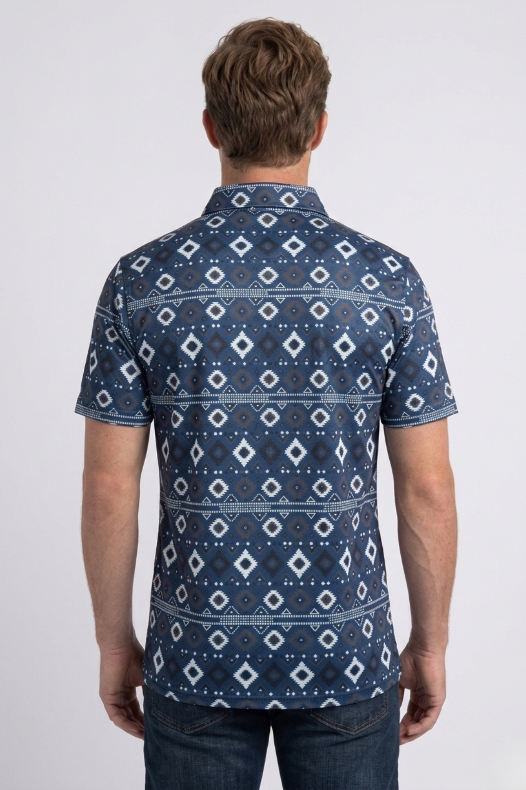 blue aztec geometric performance polo ii men platini back