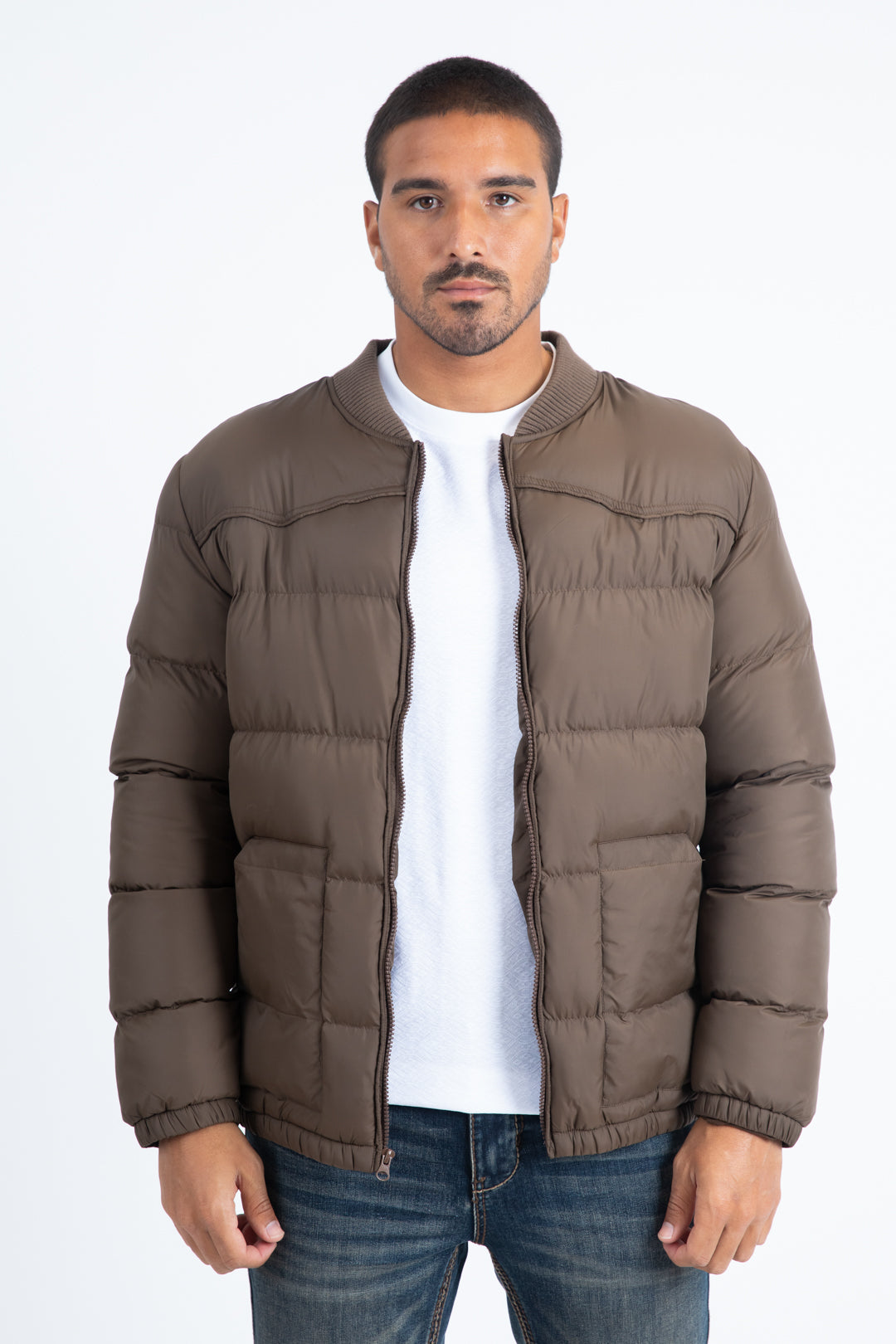 Mens Brown Bubble Jacket with Rib Collar & Cuffs