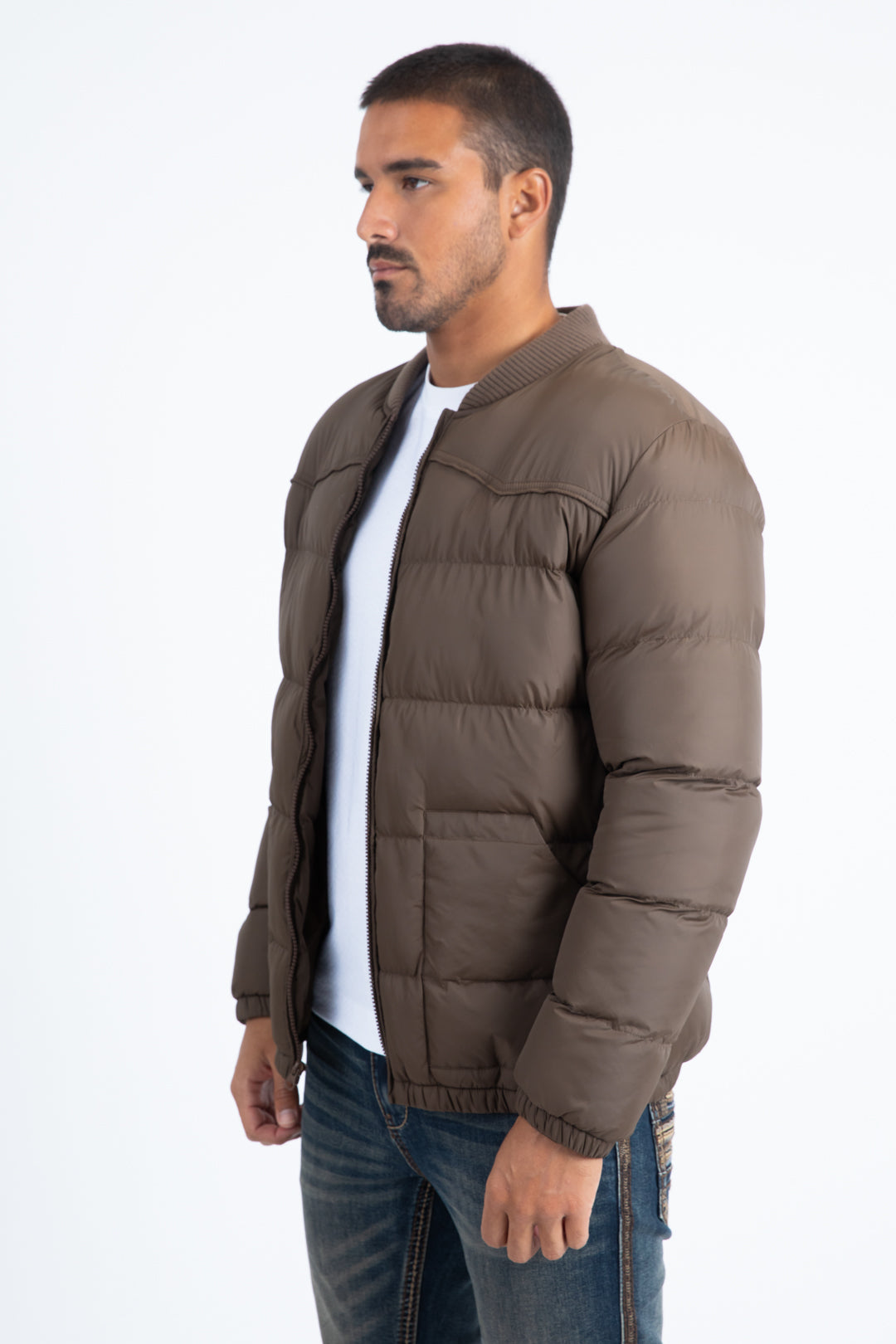 Mens Brown Bubble Jacket with Rib Collar & Cuffs