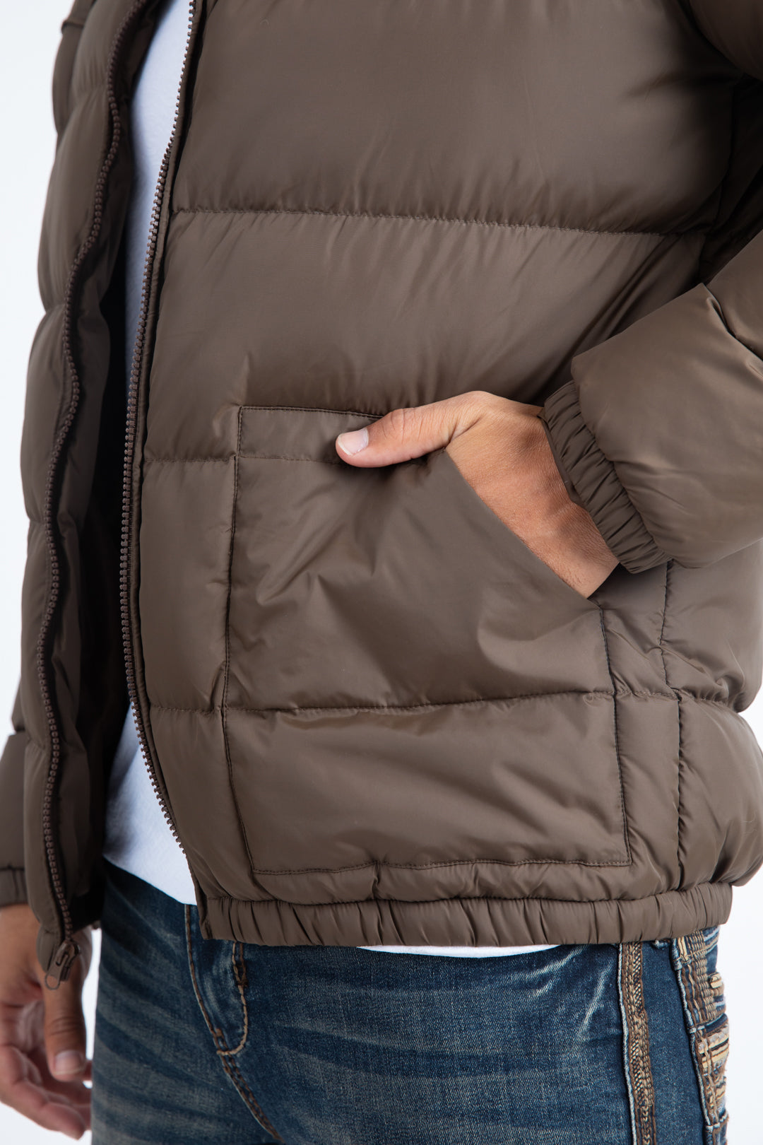 Mens Brown Bubble Jacket with Rib Collar & Cuffs