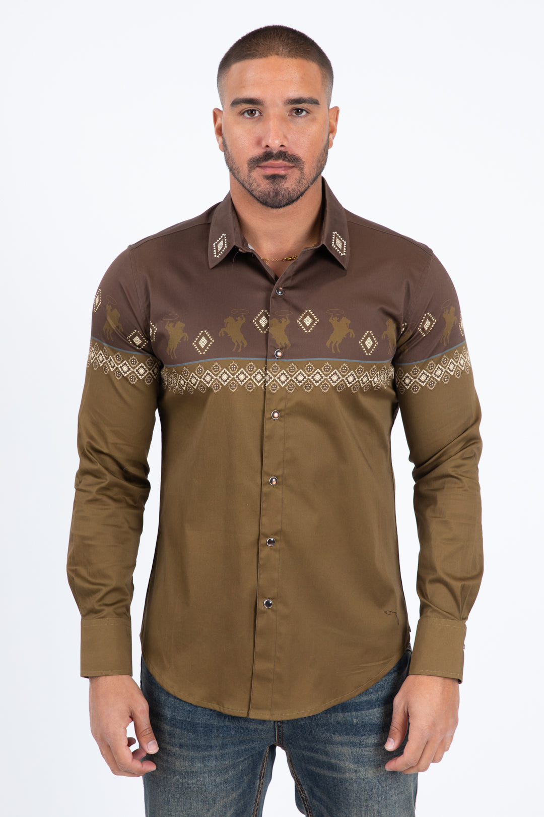 brown camel western rodeo graphic dress shirt men platini front