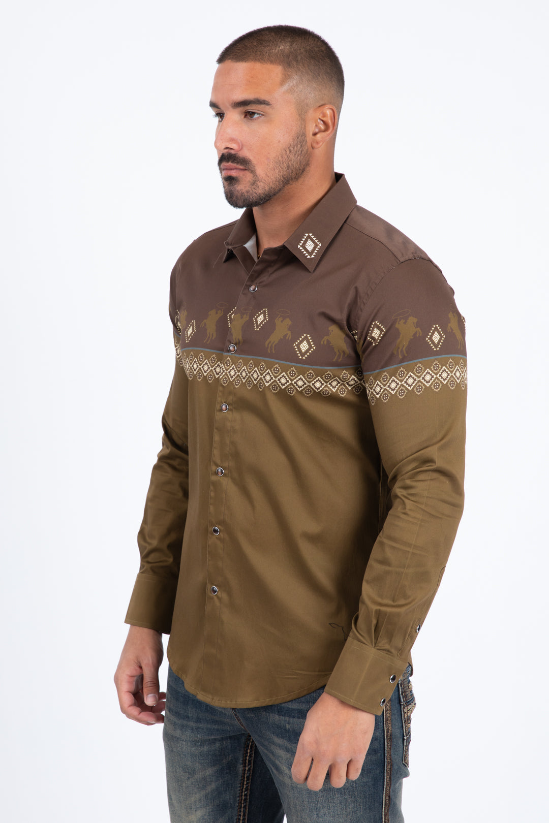 brown camel western rodeo graphic dress shirt men platini side