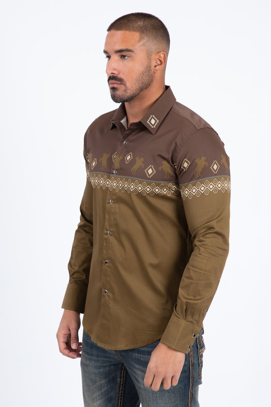 brown western rodeo graphic dress shirt men platini back