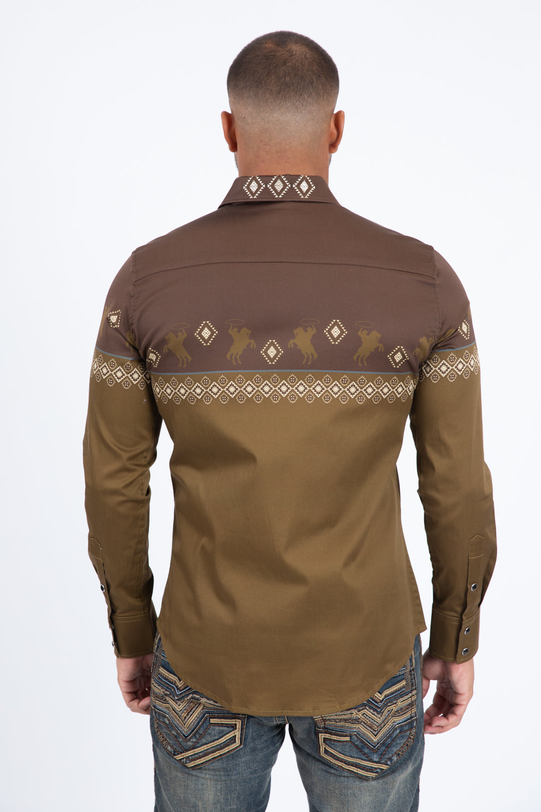 brown camel western rodeo graphic dress shirt men platini detail