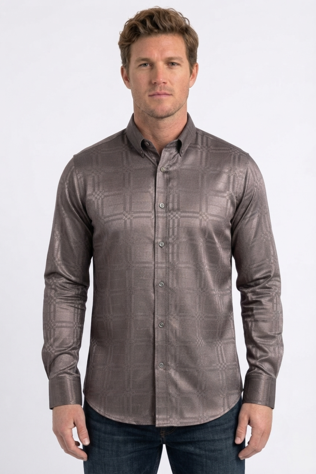 brown geometric plaid jacquard dress shirt men platini front