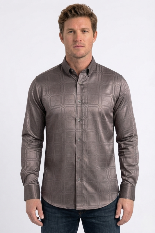 brown geometric plaid jacquard dress shirt men platini front