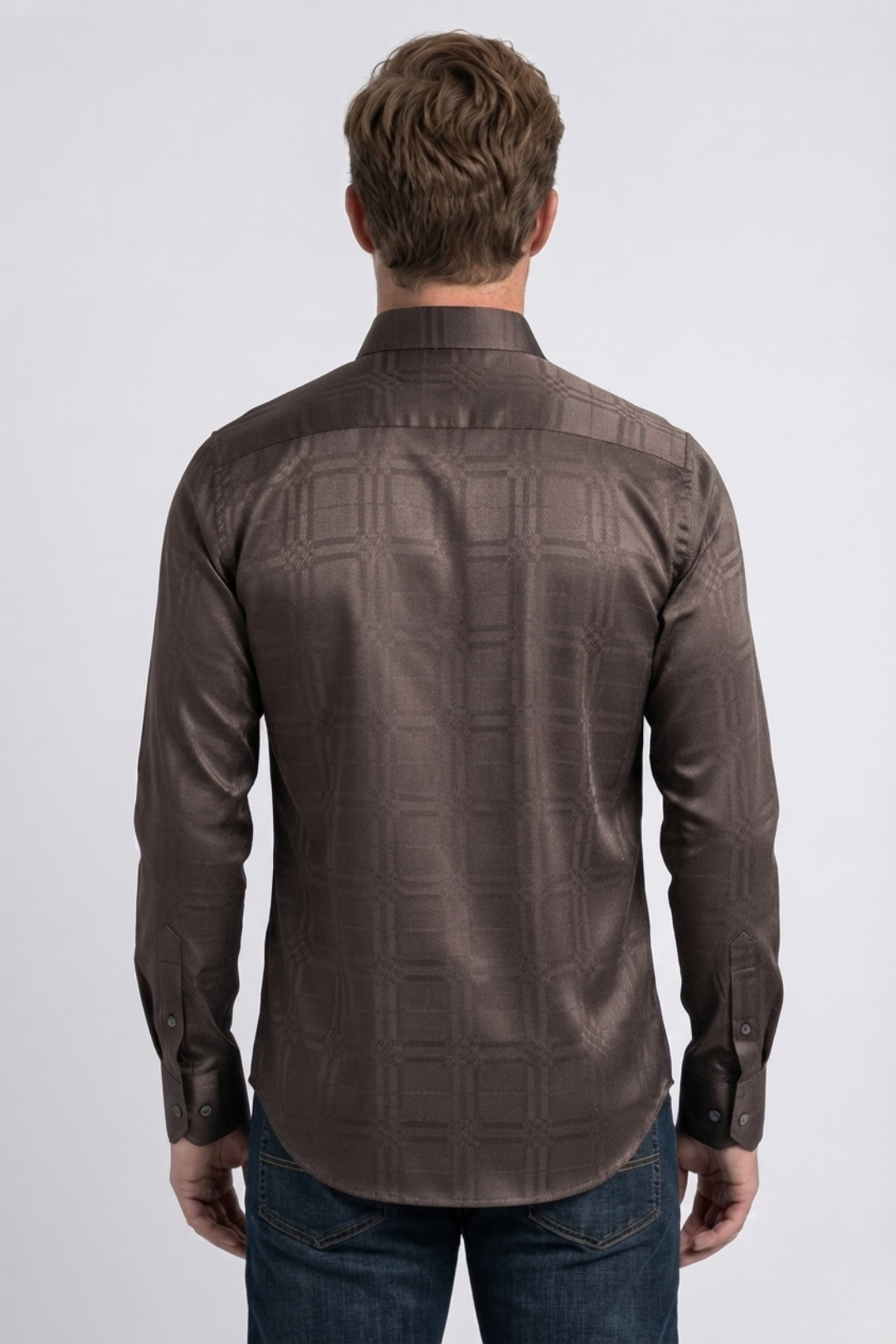 brown geometric plaid jacquard dress shirt men platini side