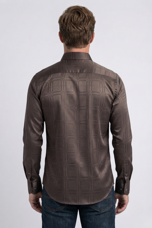 brown geometric plaid jacquard dress shirt men platini side