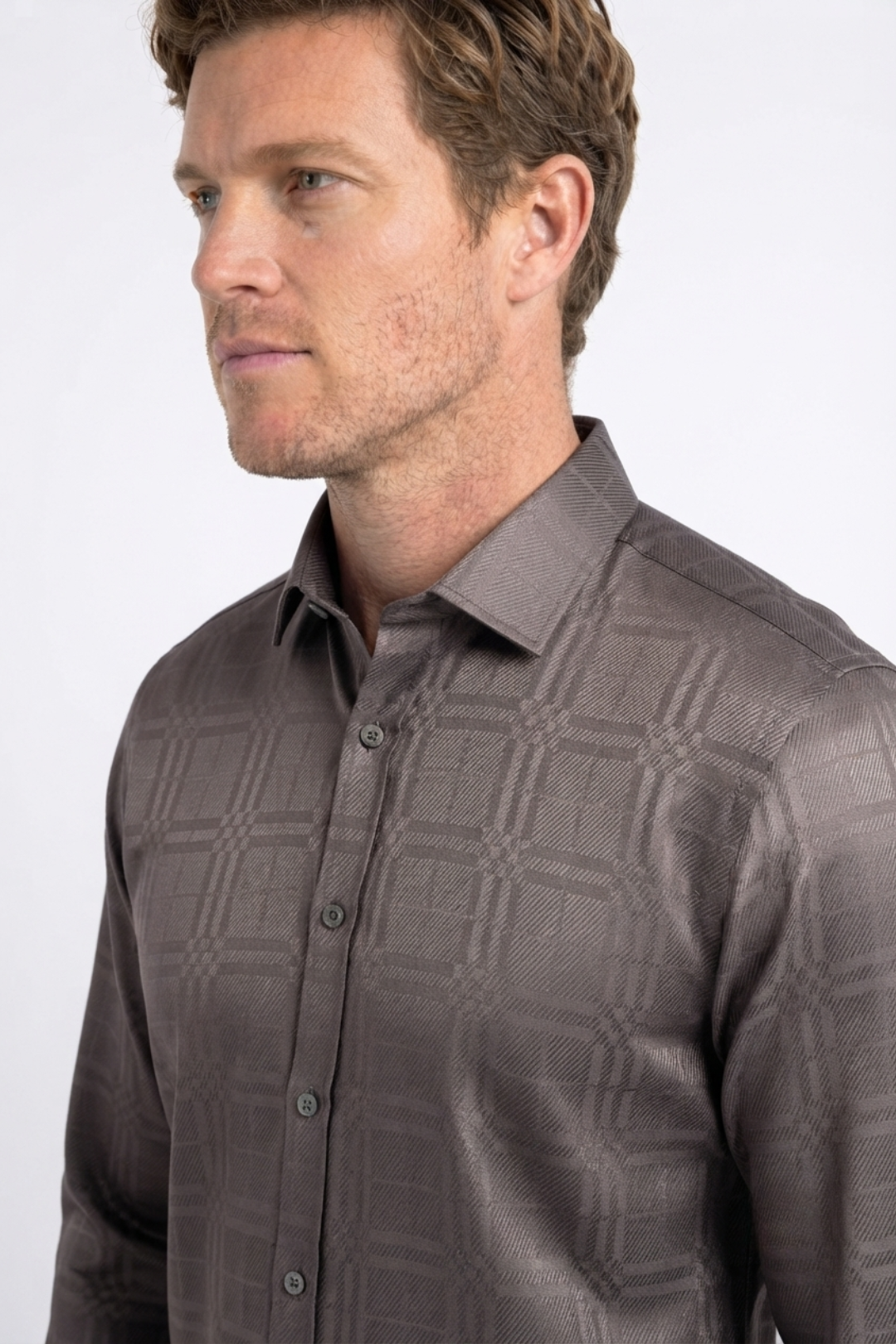 brown geometric plaid jacquard dress shirt men platini back
