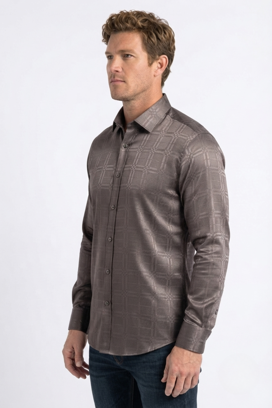 brown geometric plaid jacquard dress shirt men platini detail