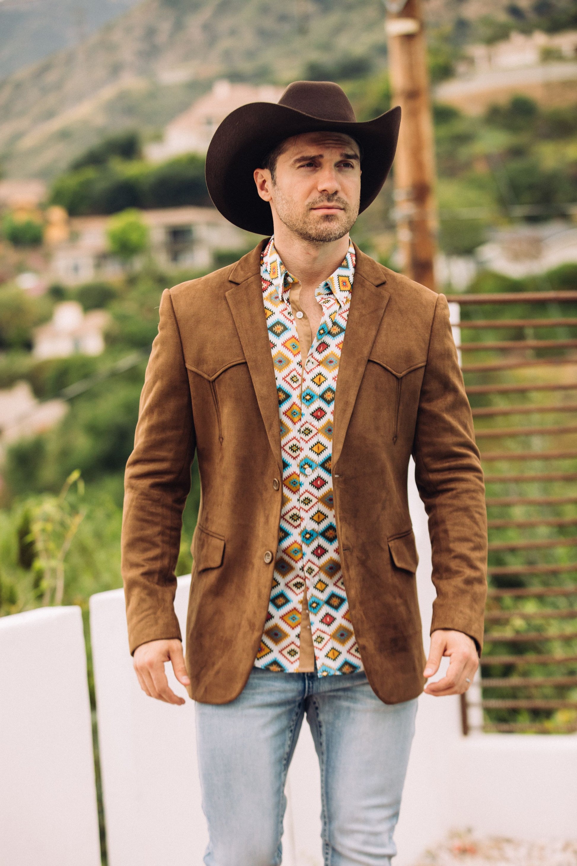 brown suede western blazer elbow patch detail men platini front