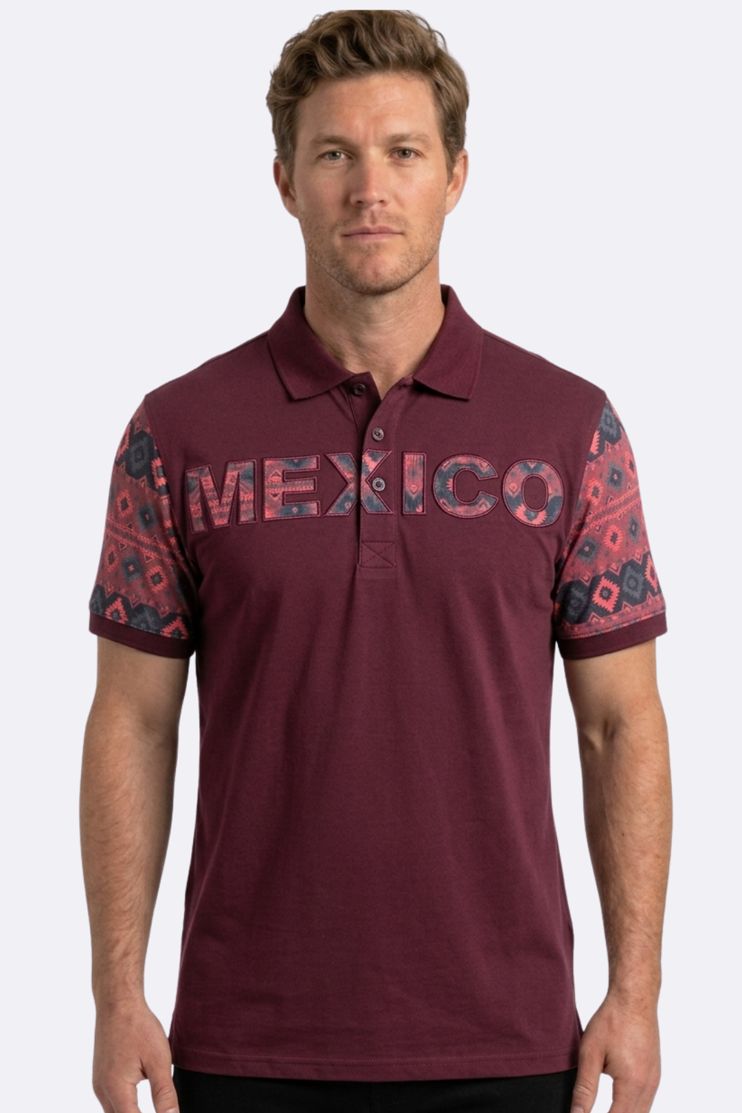 burgundy mexico tribal sleeve polo men platini front