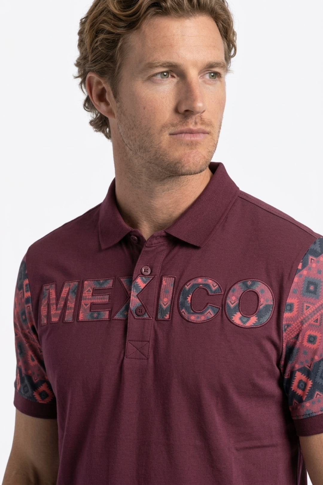 burgundy mexico tribal sleeve polo men platini side