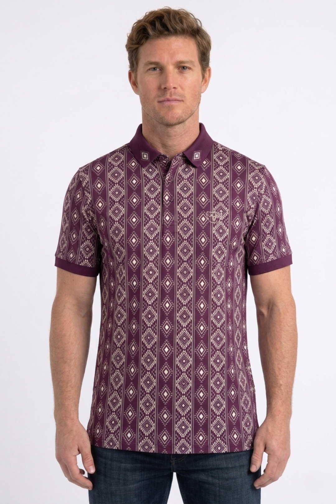 burgundy vertical geo diamond print polo men platini front