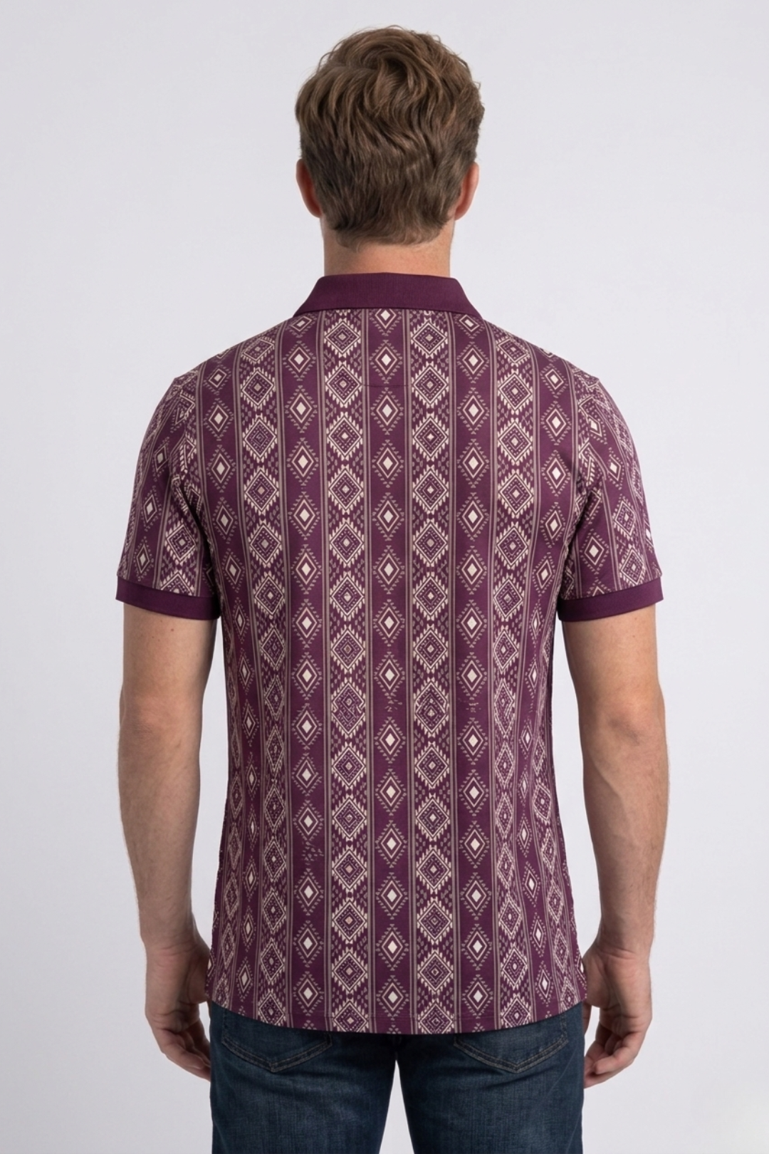 burgundy vertical geo diamond print polo men platini back