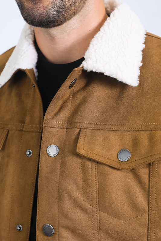 camel sherpa lined faux suede jacket platini detail