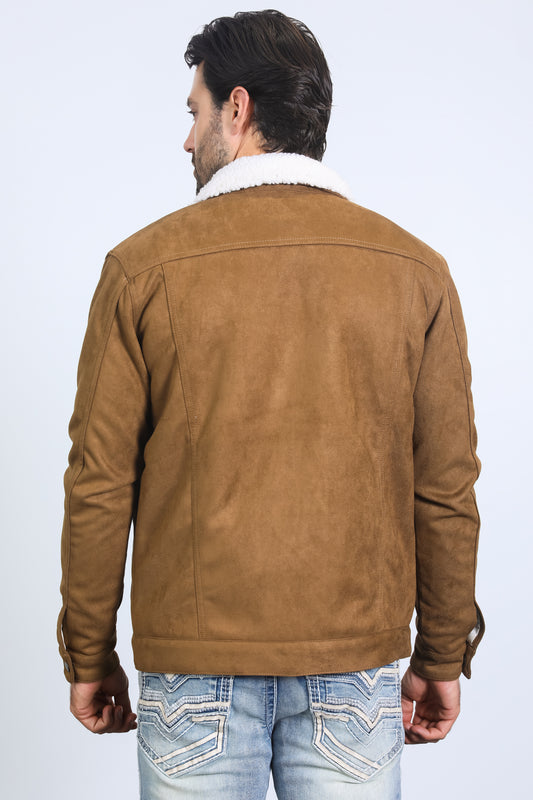 camel sherpa lined faux suede jacket platini back