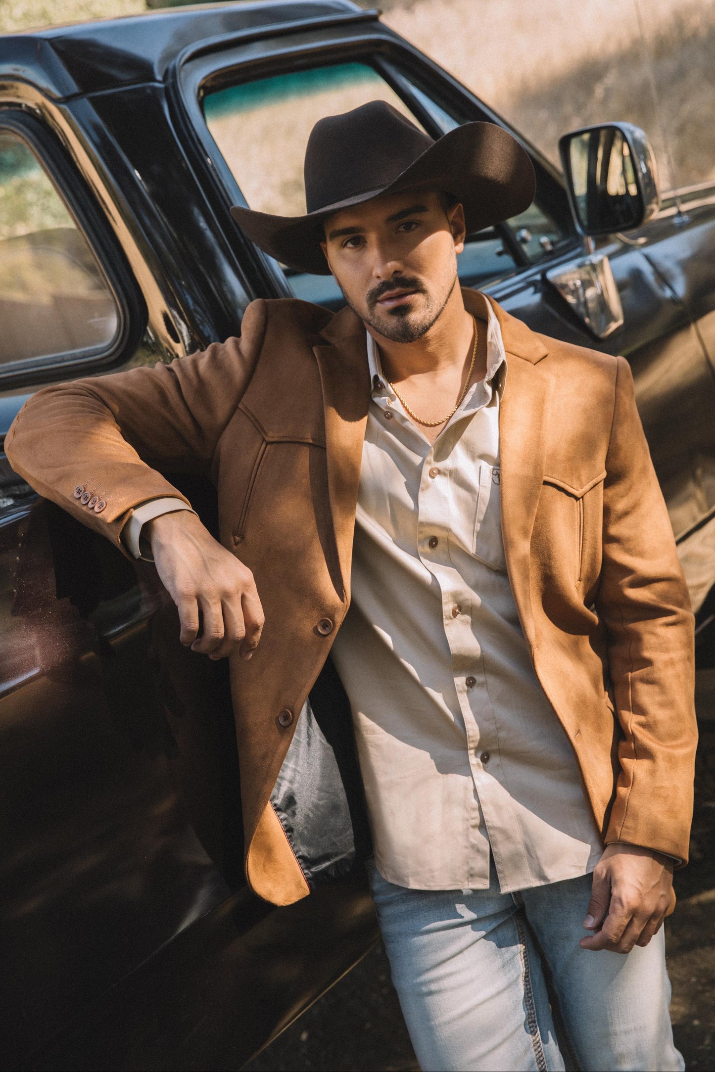 camel suede western blazer elbow patch detail men platini front