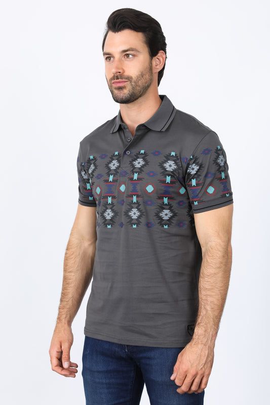 charcoal aztec motif row polo men platini close-up