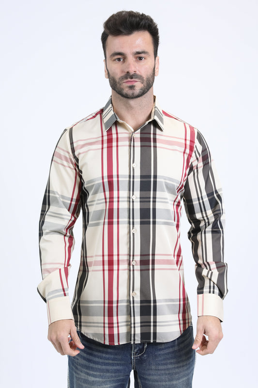 Mens Checkered Long Sleeve Beige Shirt