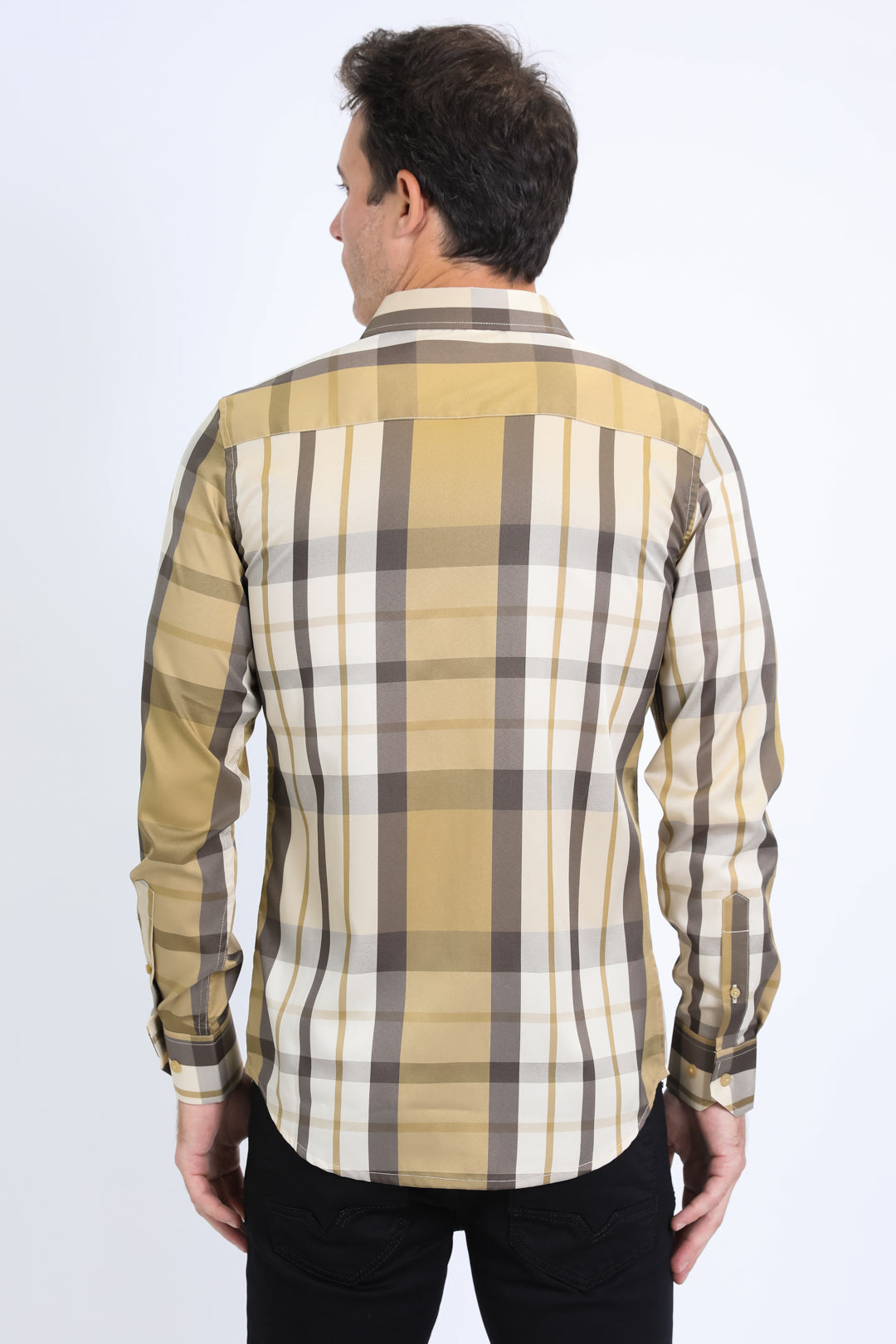 Mens Checkered Long Sleeve Beige Shirt