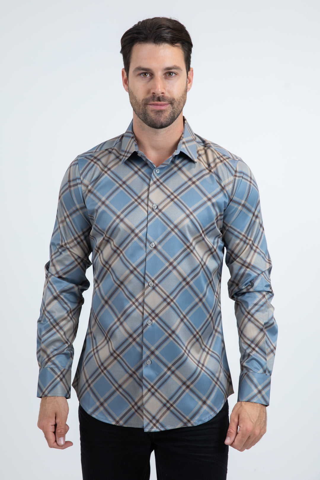 Mens Checkered Long Sleeve Blue Shirt