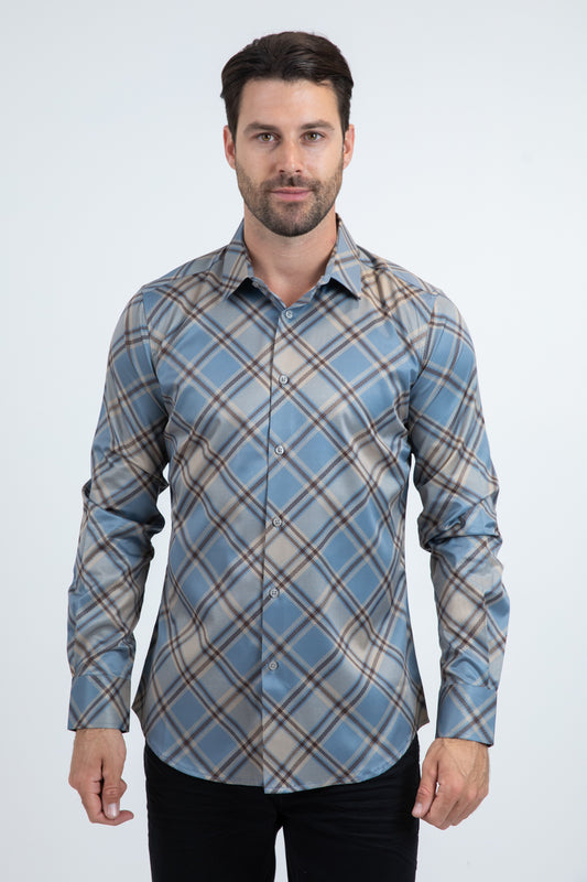 Mens Checkered Long Sleeve Blue Shirt