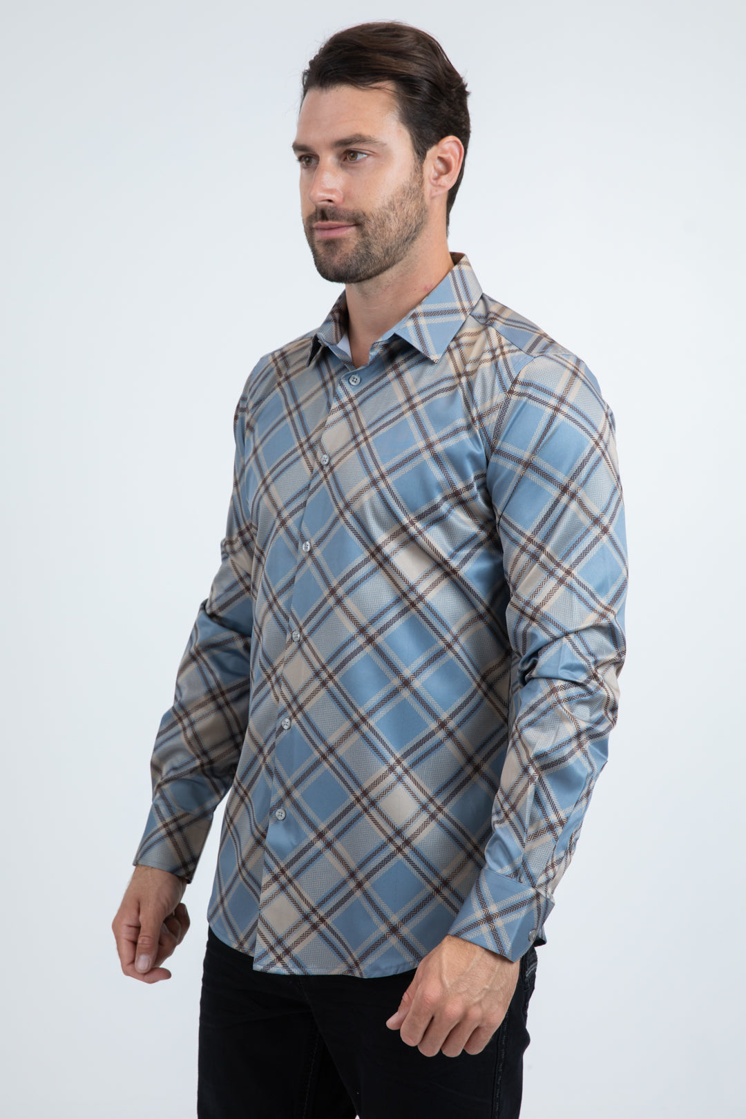 Mens Checkered Long Sleeve Blue Shirt
