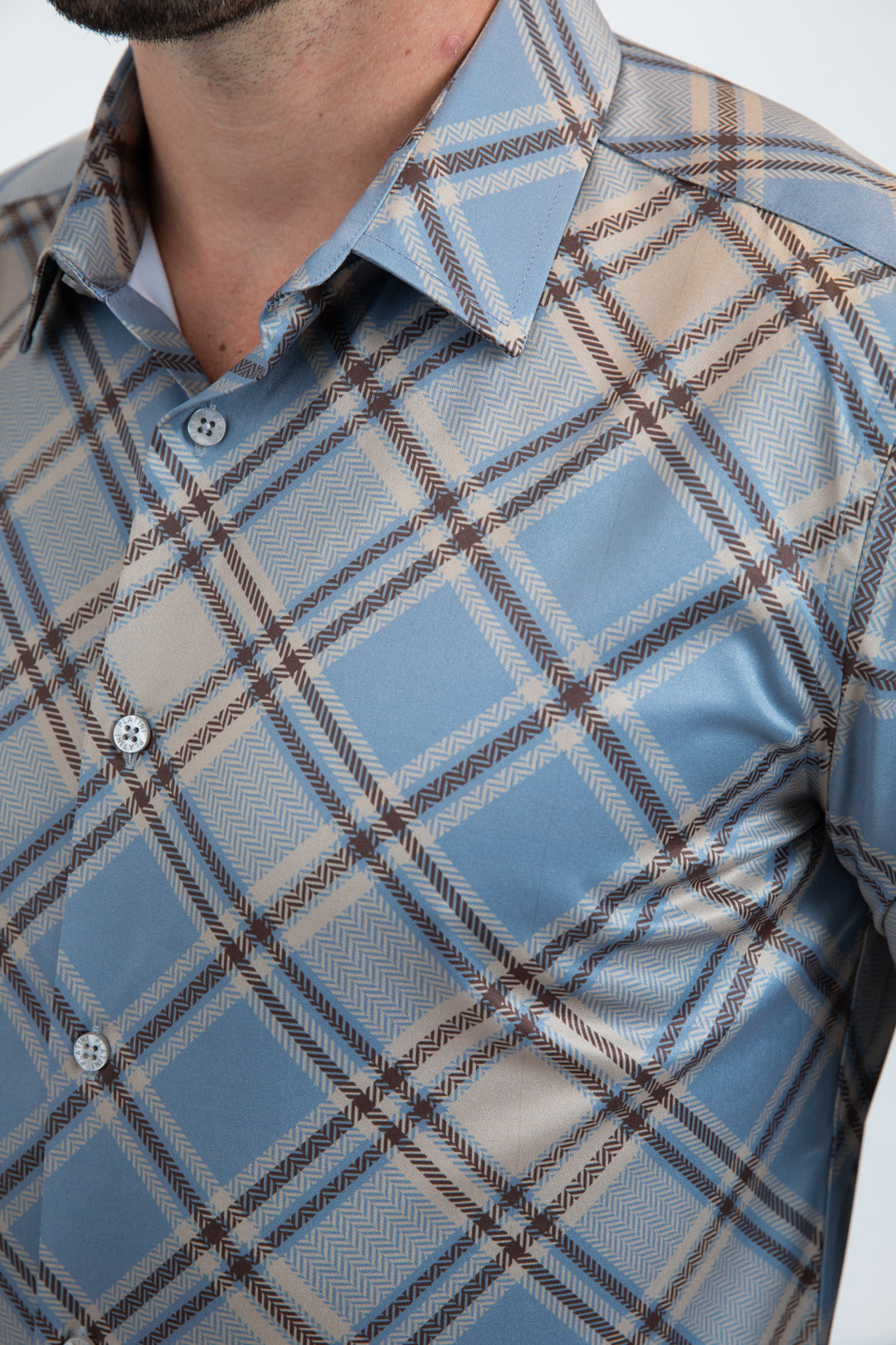 Mens Checkered Long Sleeve Blue Shirt