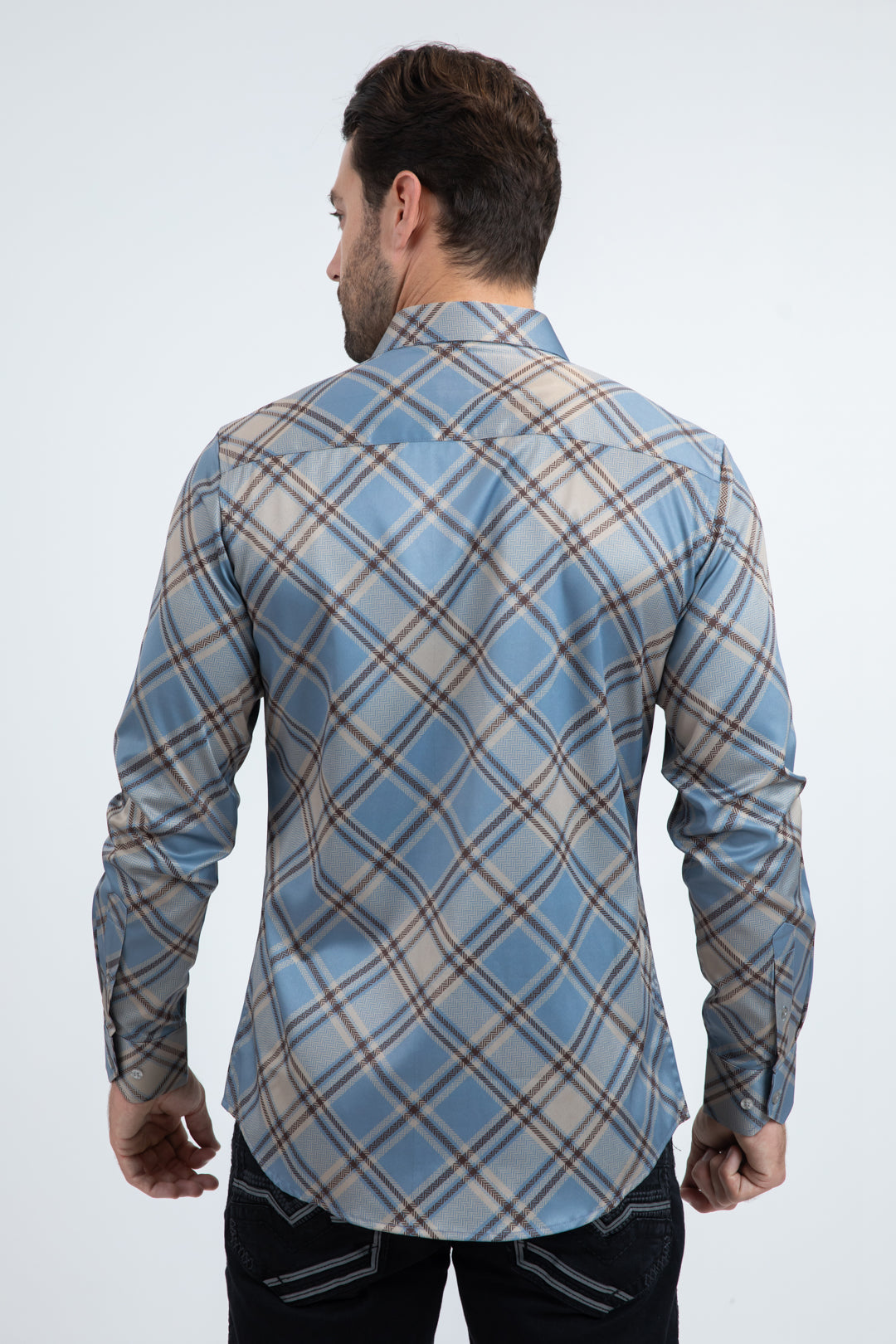 Mens Checkered Long Sleeve Blue Shirt