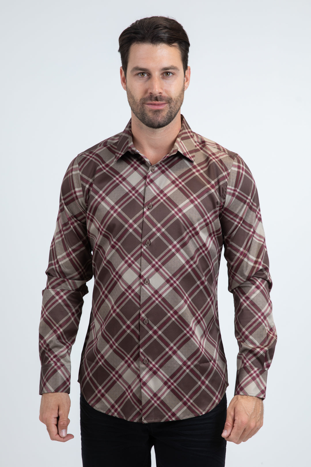 Mens Checkered Long Sleeve Brown Shirt